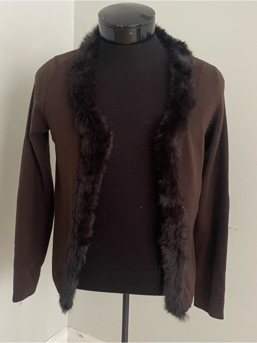 Women's Brown Rabbit Fur-Trim Open Cardigan Sweater